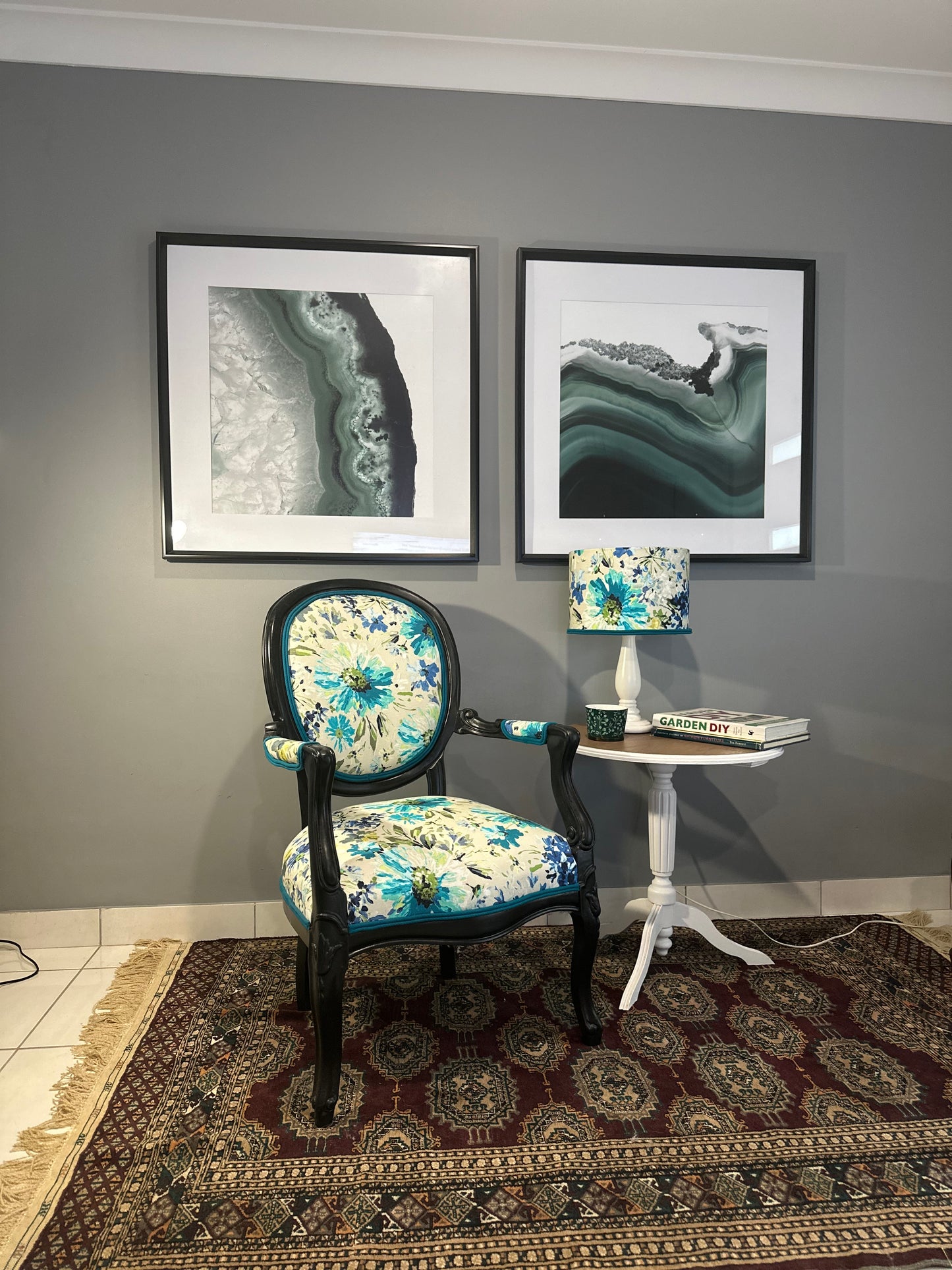 Turquoise Garden Empire Lampshade with trim – Serene Green, Grey & Blue Tones